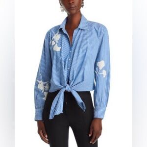 Cinq à Sept Blue Striped Marianna Top with White Beaded Floral Accents (NWT)